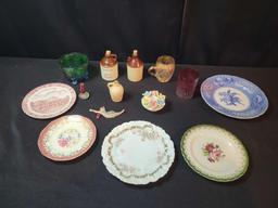 Box lot of China plates, enameled mug, crock jugs, decor