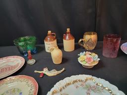 Box lot of China plates, enameled mug, crock jugs, decor