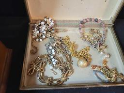 Box lot of assorted costume jewelry, bracelets, earrings, jewelry box and more