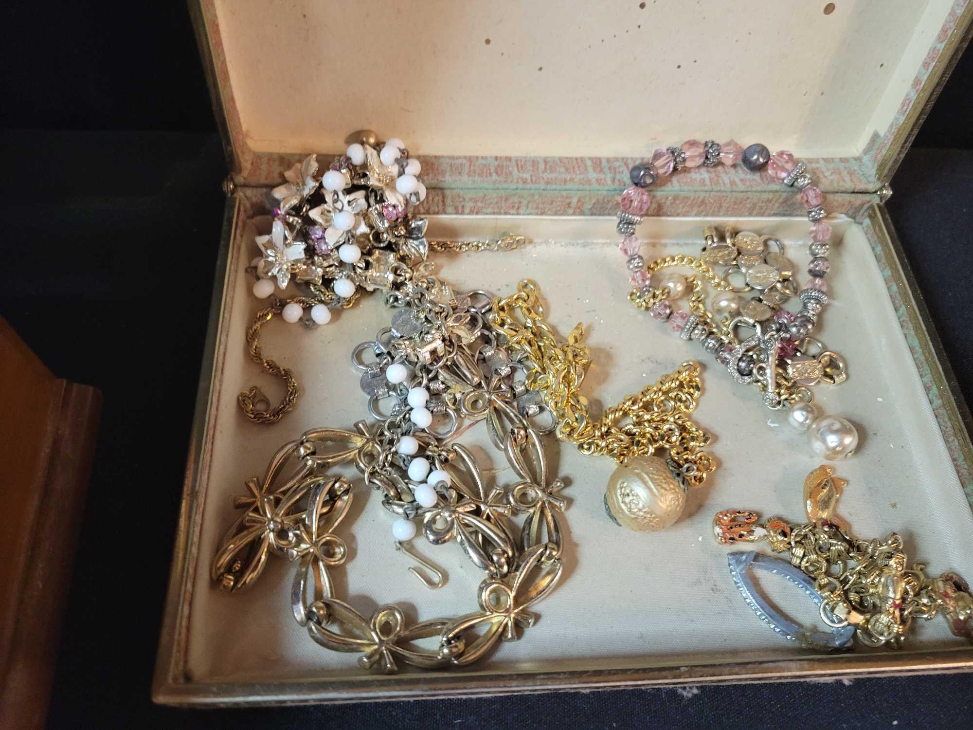 Box lot of assorted costume jewelry, bracelets, earrings, jewelry box and more