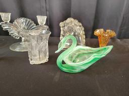 Paden city double candlestick, amber hobnail, art glass swan, pattern glass
