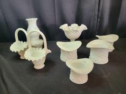 Box lot of Fenton milk glass daisy and button hats, hobnail baskets and compote