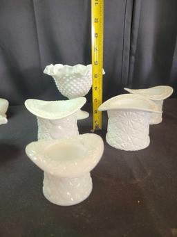 Box lot of Fenton milk glass daisy and button hats, hobnail baskets and compote