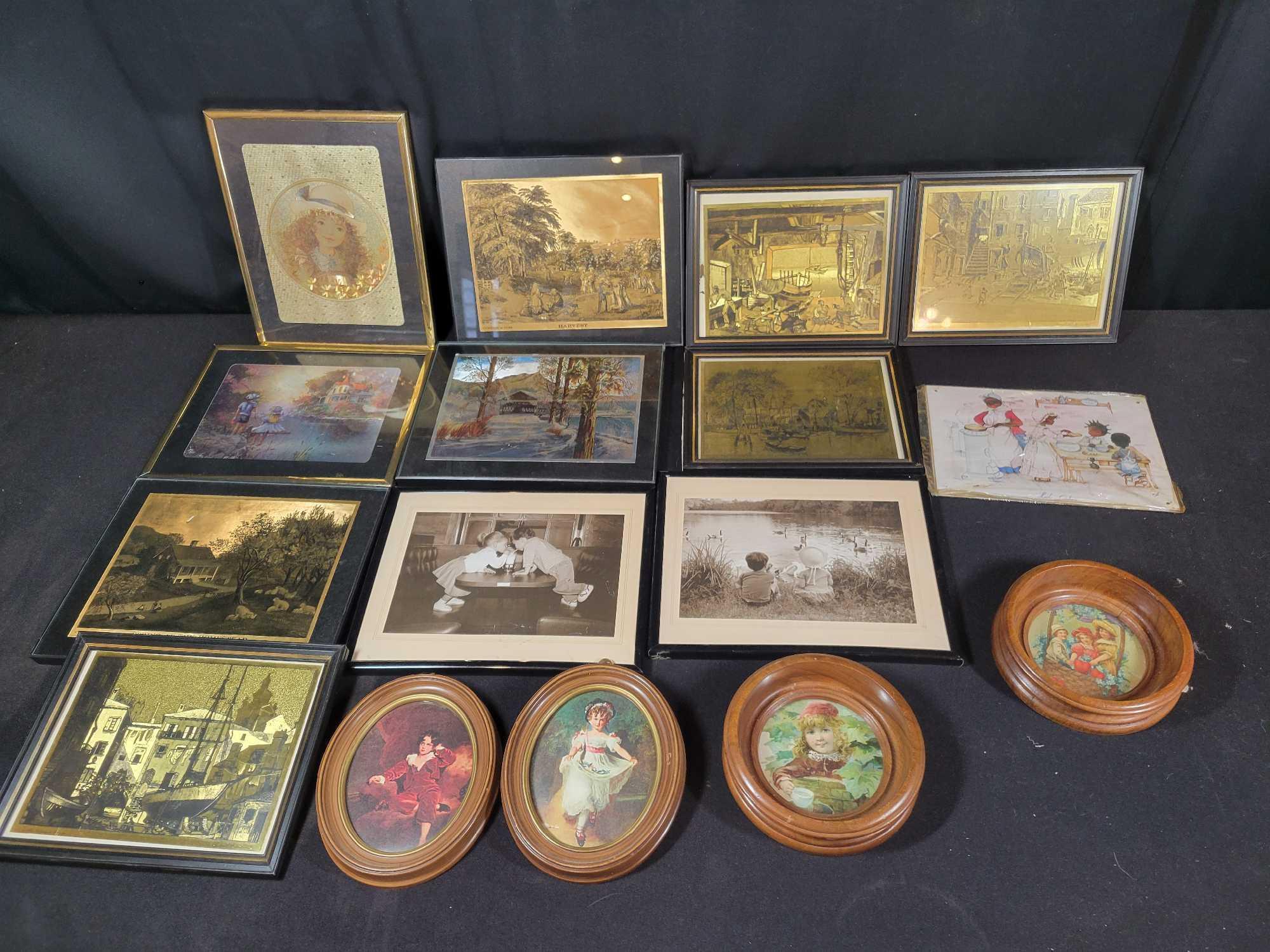 Assorted vintage gold foil etchings, pictures and plastic frames