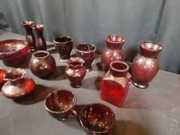 Box lot of misc red glassware, vases, cups, bowl