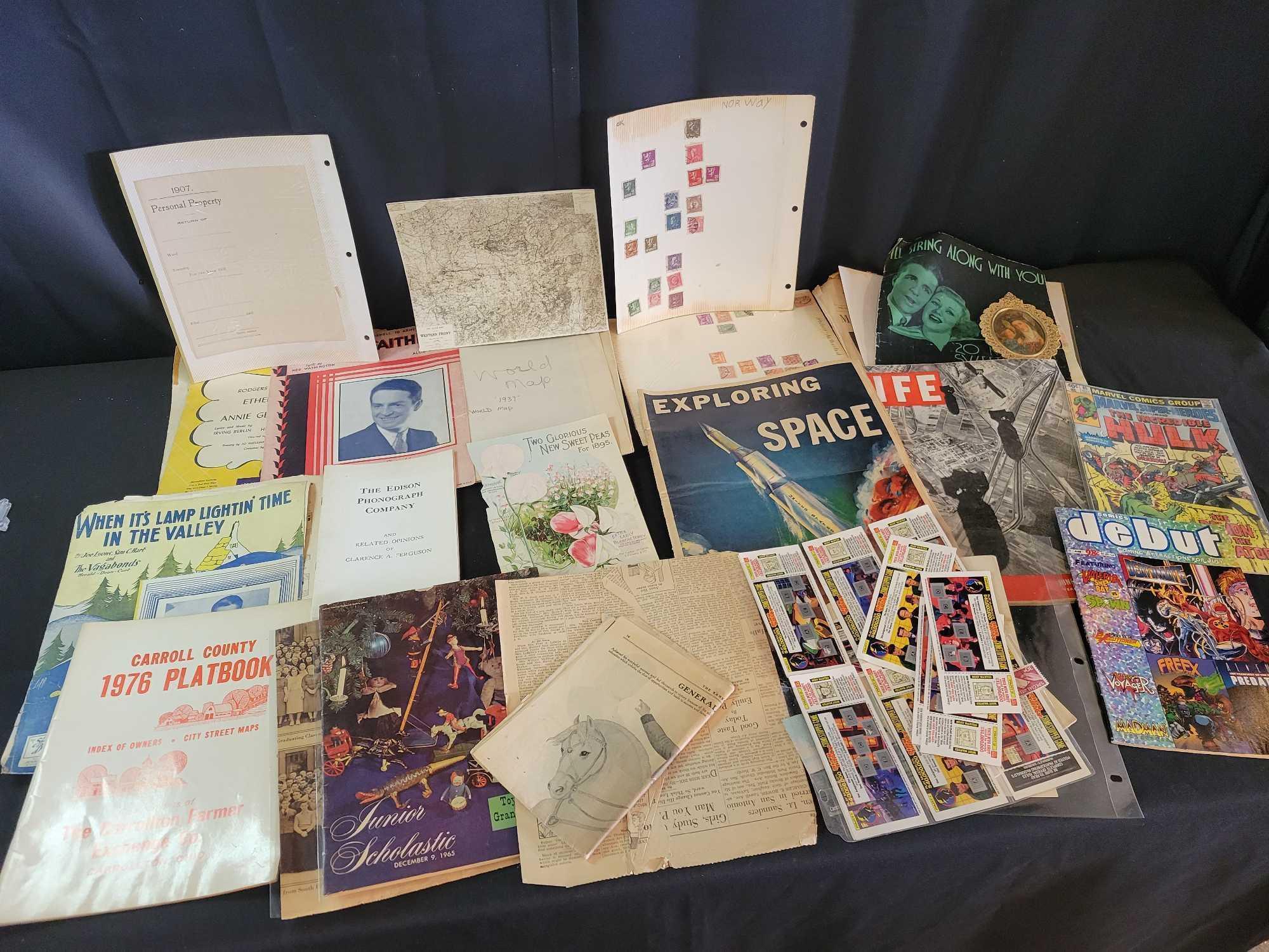 Box lot of vintage stamps, magazines, Life, comics, World map 1937