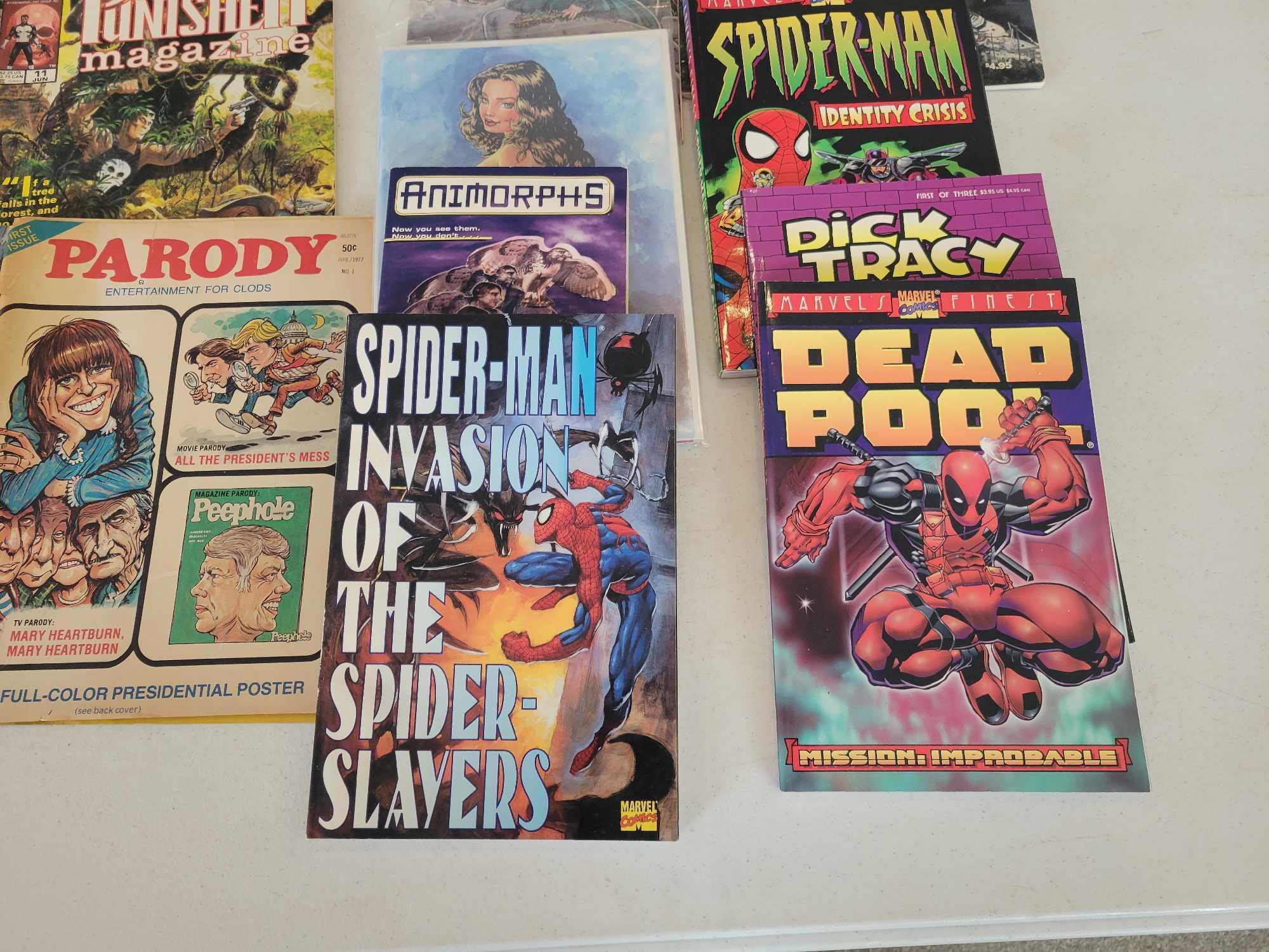 Group of comic books, Black Widow, Deadpool, Spider man and adult themed comics