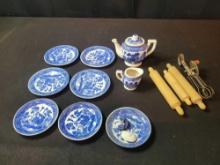 Early childs Japan Blue Willow china set and utensils