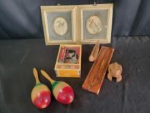 Framed cardinal art, maracas, dancing clown