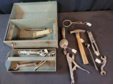 Vintage tool box with wrenchs, vice grips, snuffer, jar opener