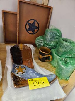 Cowboy boot platters, mugs, wood trays