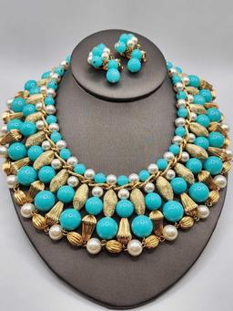 Vintage 1960s wide bib beaded necklace & earrings, Egyptian style