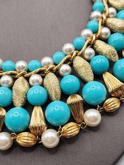 Vintage 1960s wide bib beaded necklace & earrings, Egyptian style