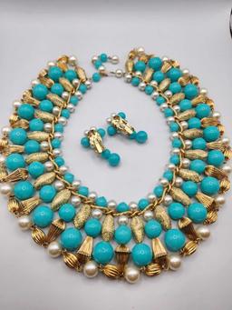 Vintage 1960s wide bib beaded necklace & earrings, Egyptian style