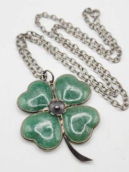 Vintage sterling silver & green stone 4 leaf clover necklace