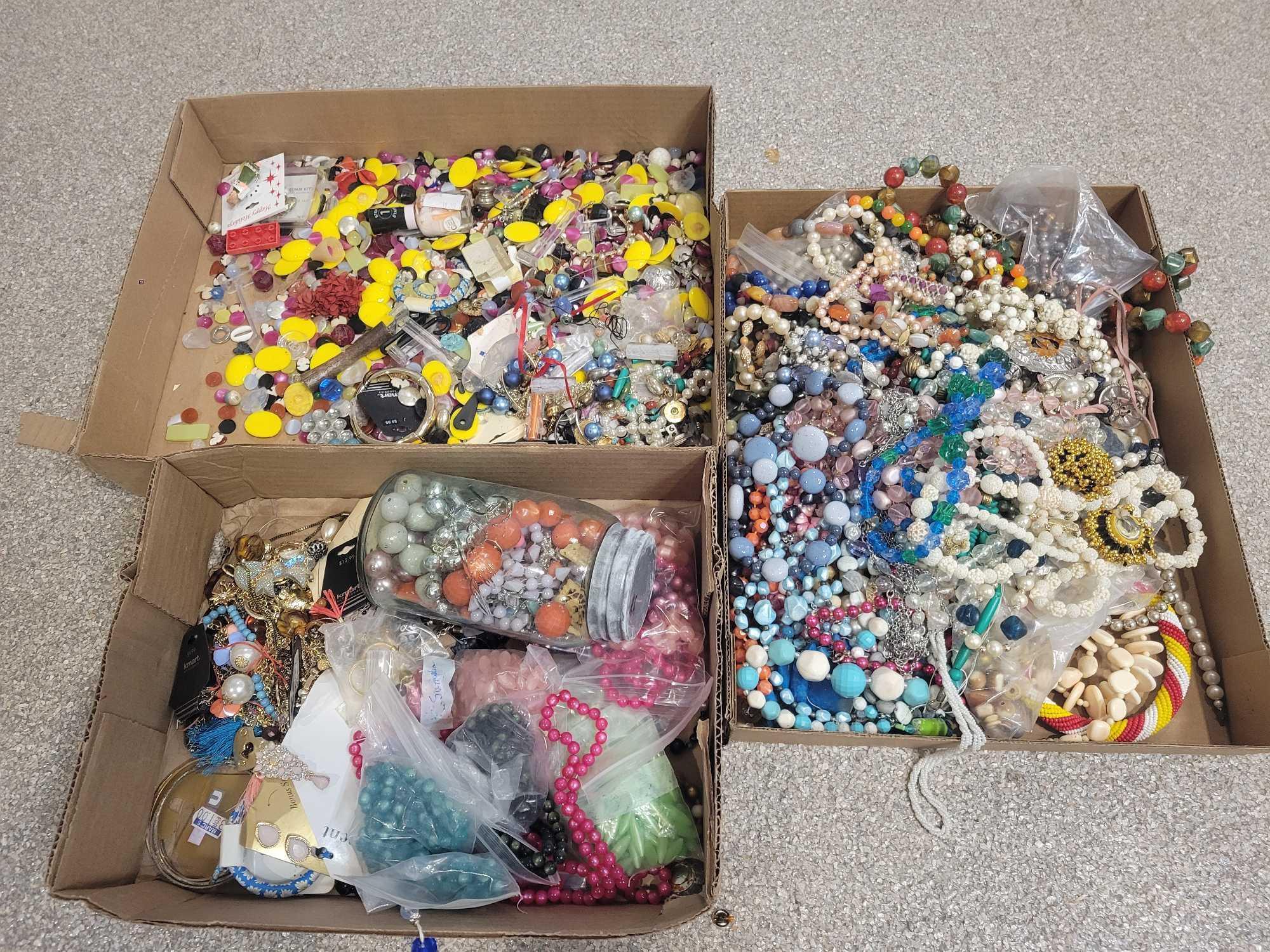 3 Boxes of assorted necklaces, beads, jewelry making supplies and parts