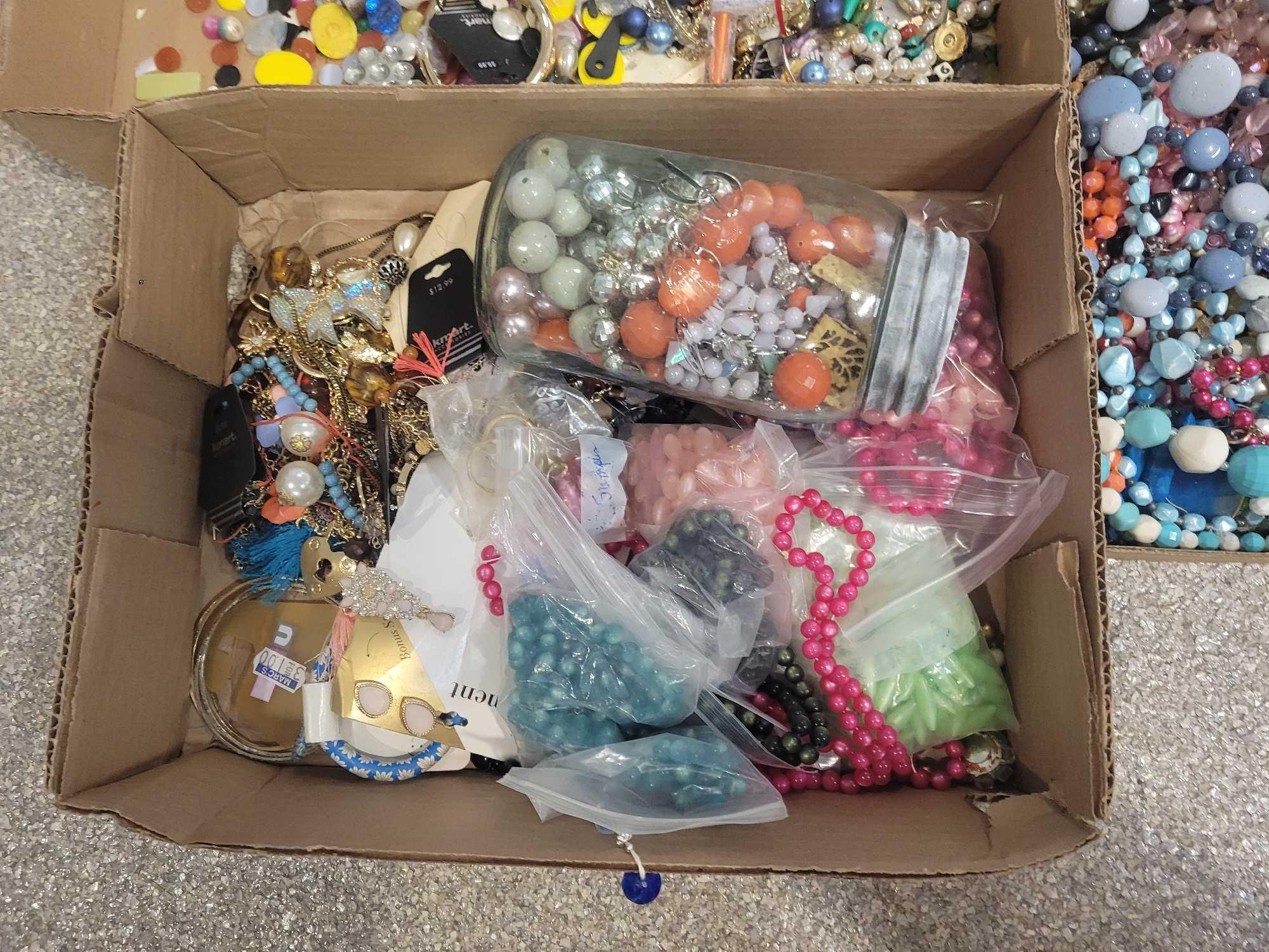 3 Boxes of assorted necklaces, beads, jewelry making supplies and parts