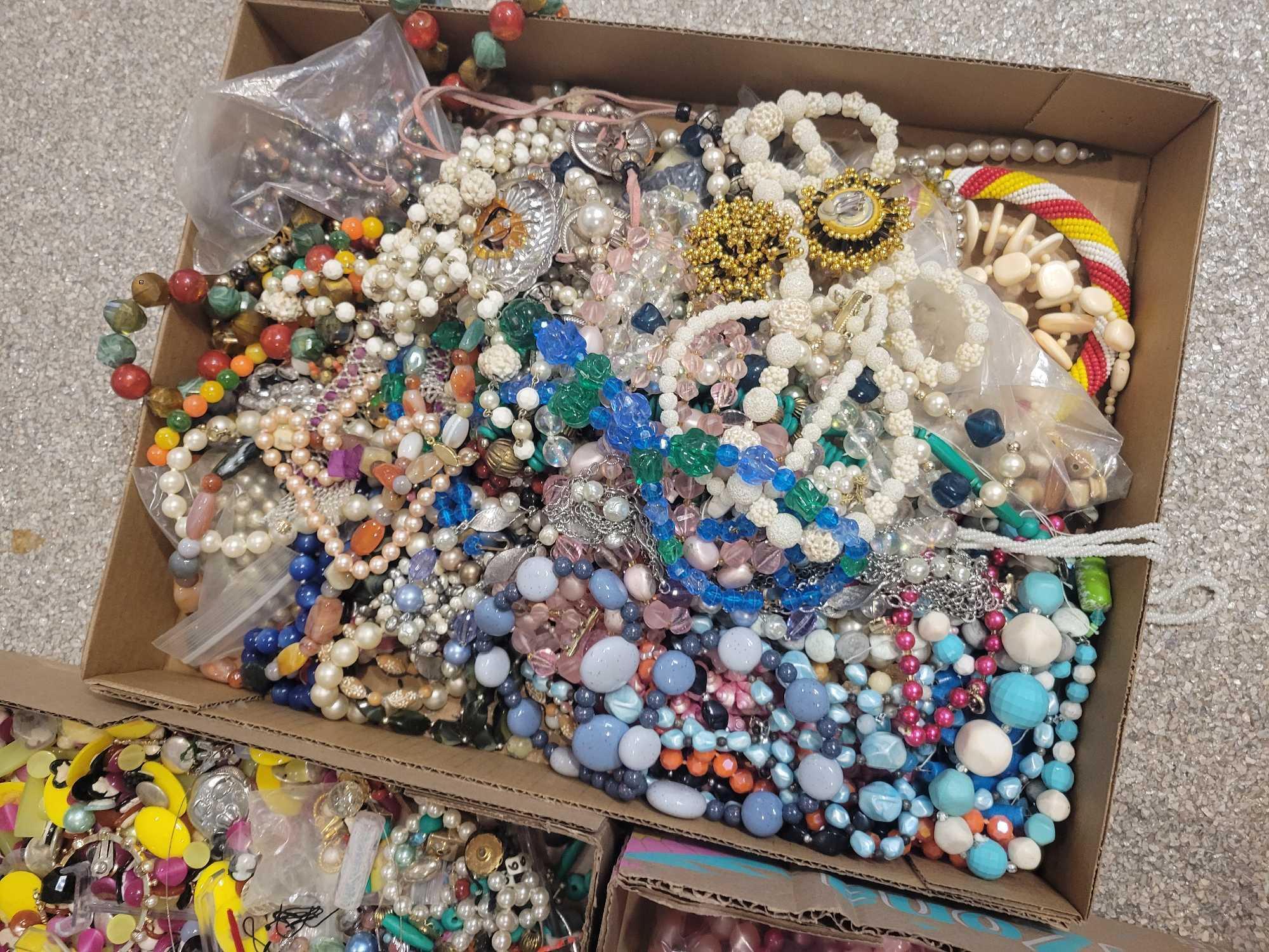 3 Boxes of assorted necklaces, beads, jewelry making supplies and parts