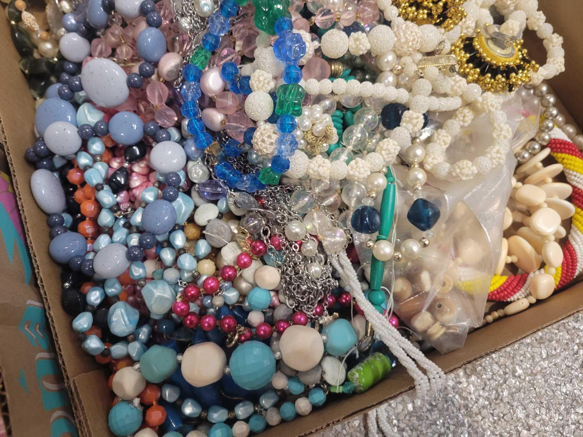 3 Boxes of assorted necklaces, beads, jewelry making supplies and parts