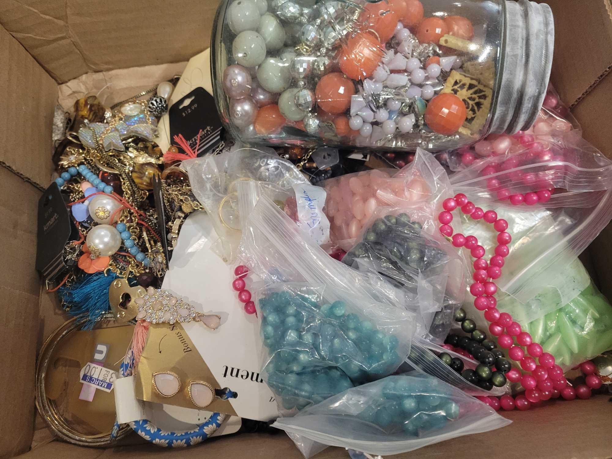 3 Boxes of assorted necklaces, beads, jewelry making supplies and parts