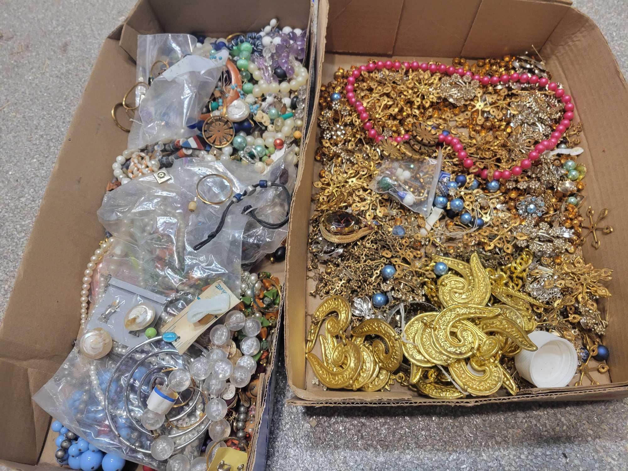 2 Boxes of costume jewelry, pieces and parts