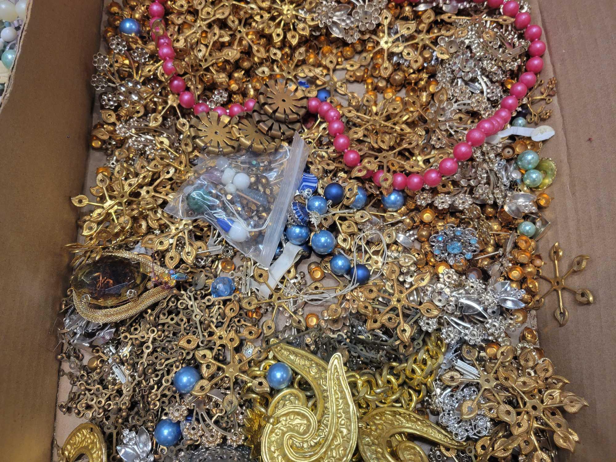 2 Boxes of costume jewelry, pieces and parts