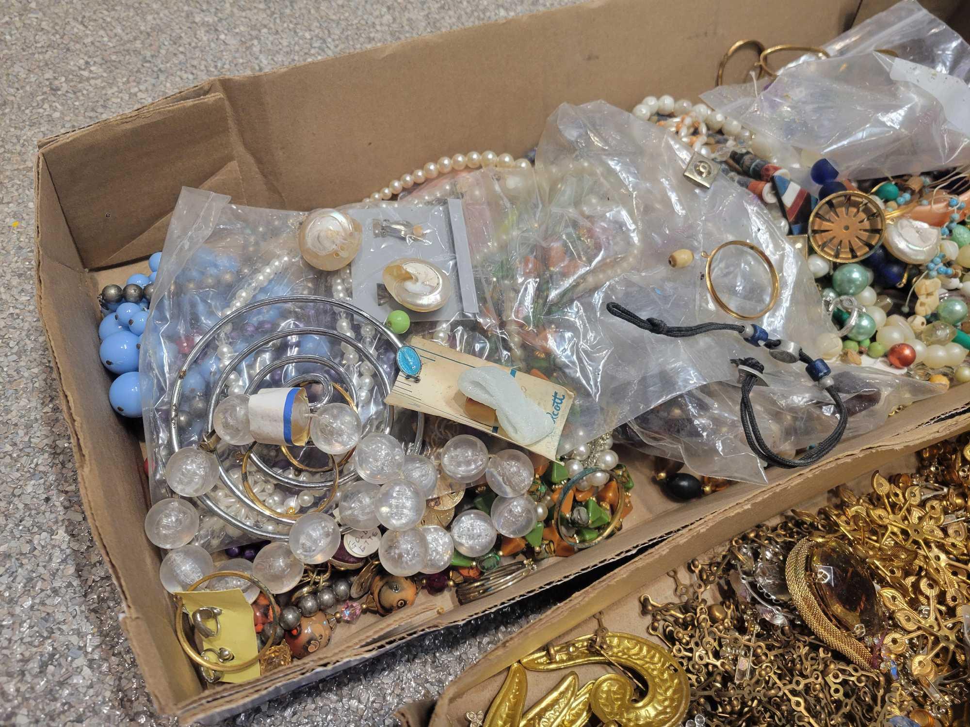 2 Boxes of costume jewelry, pieces and parts