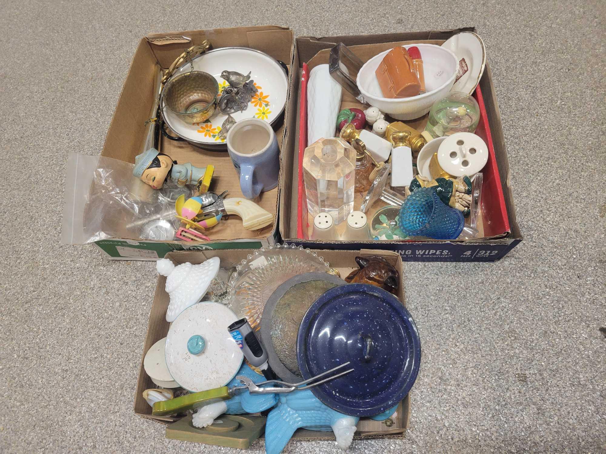 3 boxes of assorted china, toys, shakers, misc lids