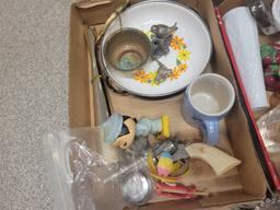 3 boxes of assorted china, toys, shakers, misc lids