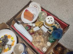 3 boxes of assorted china, toys, shakers, misc lids