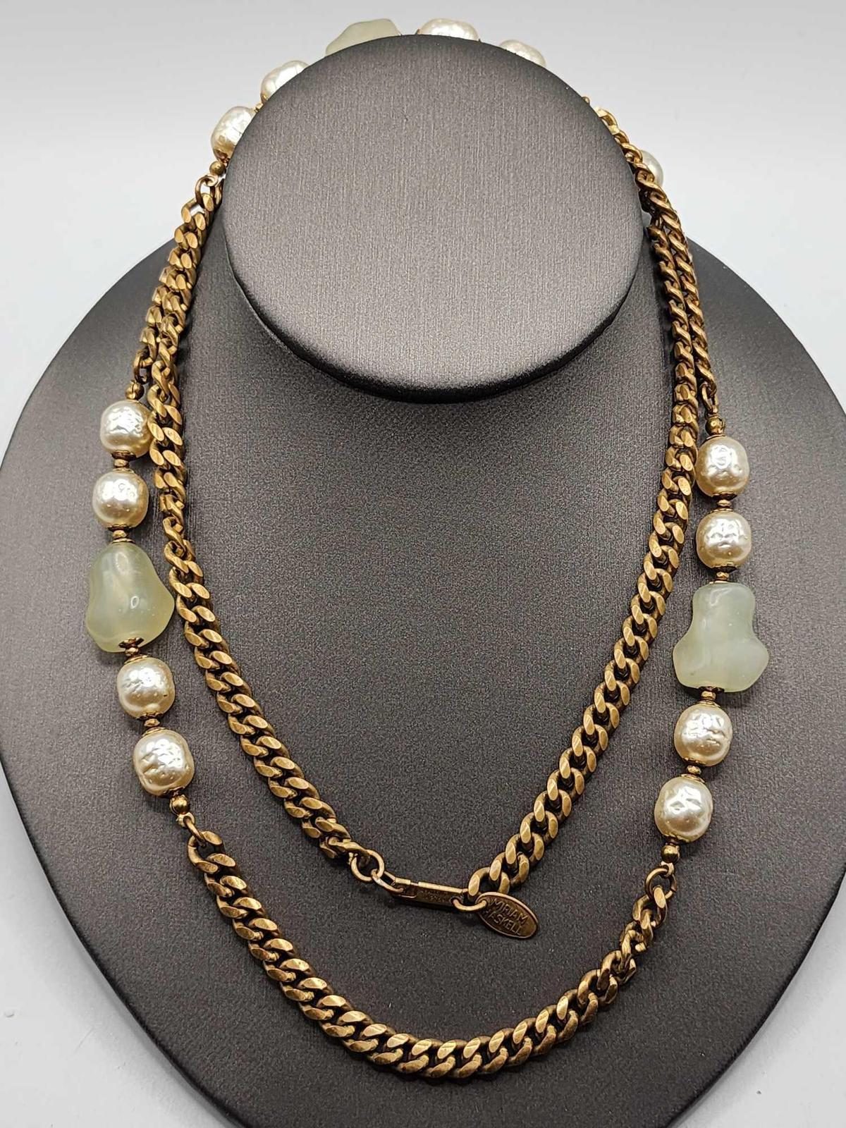 Vintage 1950s Miriam Haskell faux pearl & jadeite beaded necklace