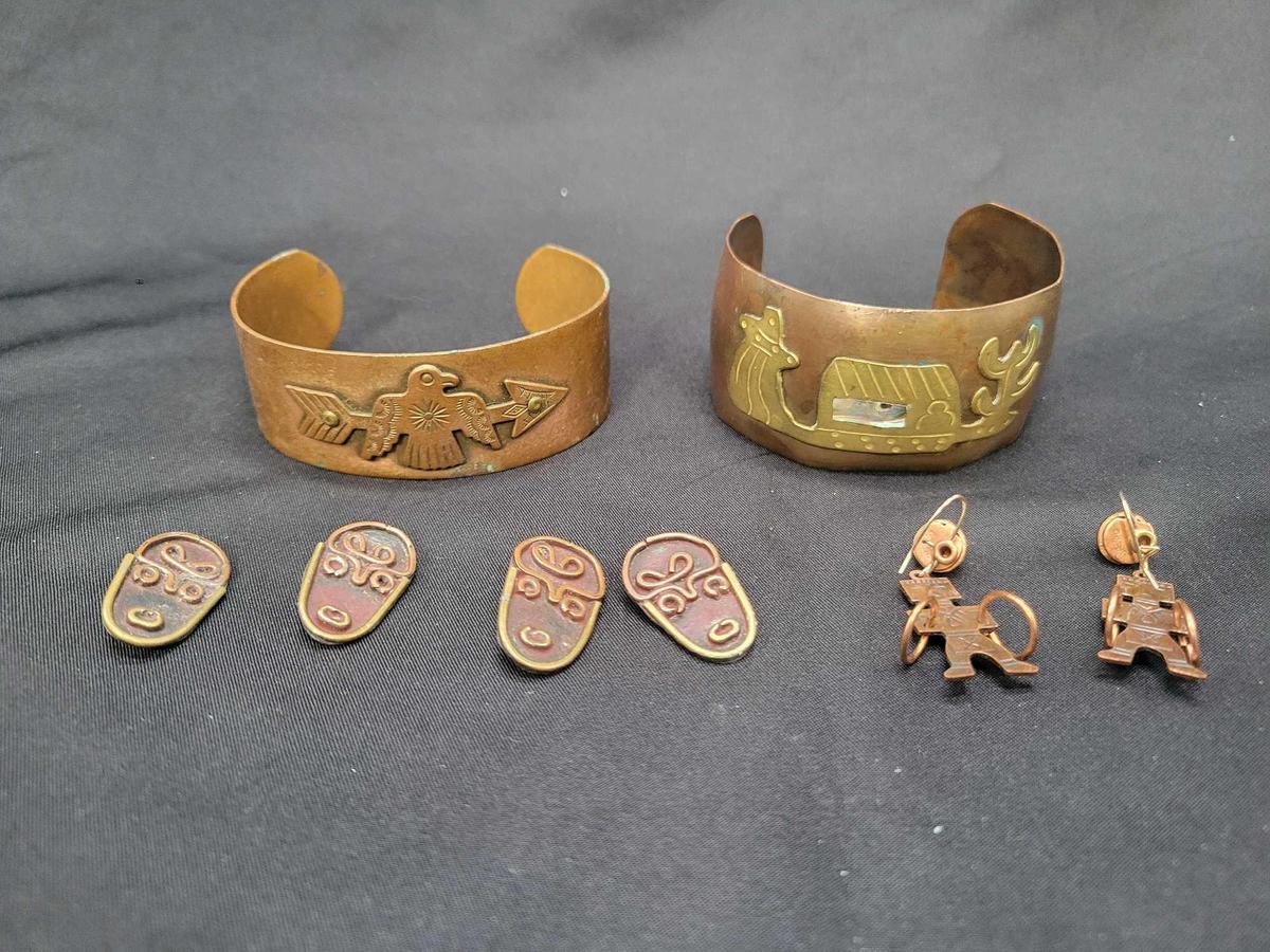 Vintage Mexican, Southwestern style copper cuff bracelets and jewelry