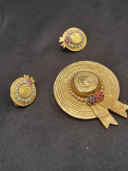 Ciner costume jewelry gold tone sunhat brooch and earring set