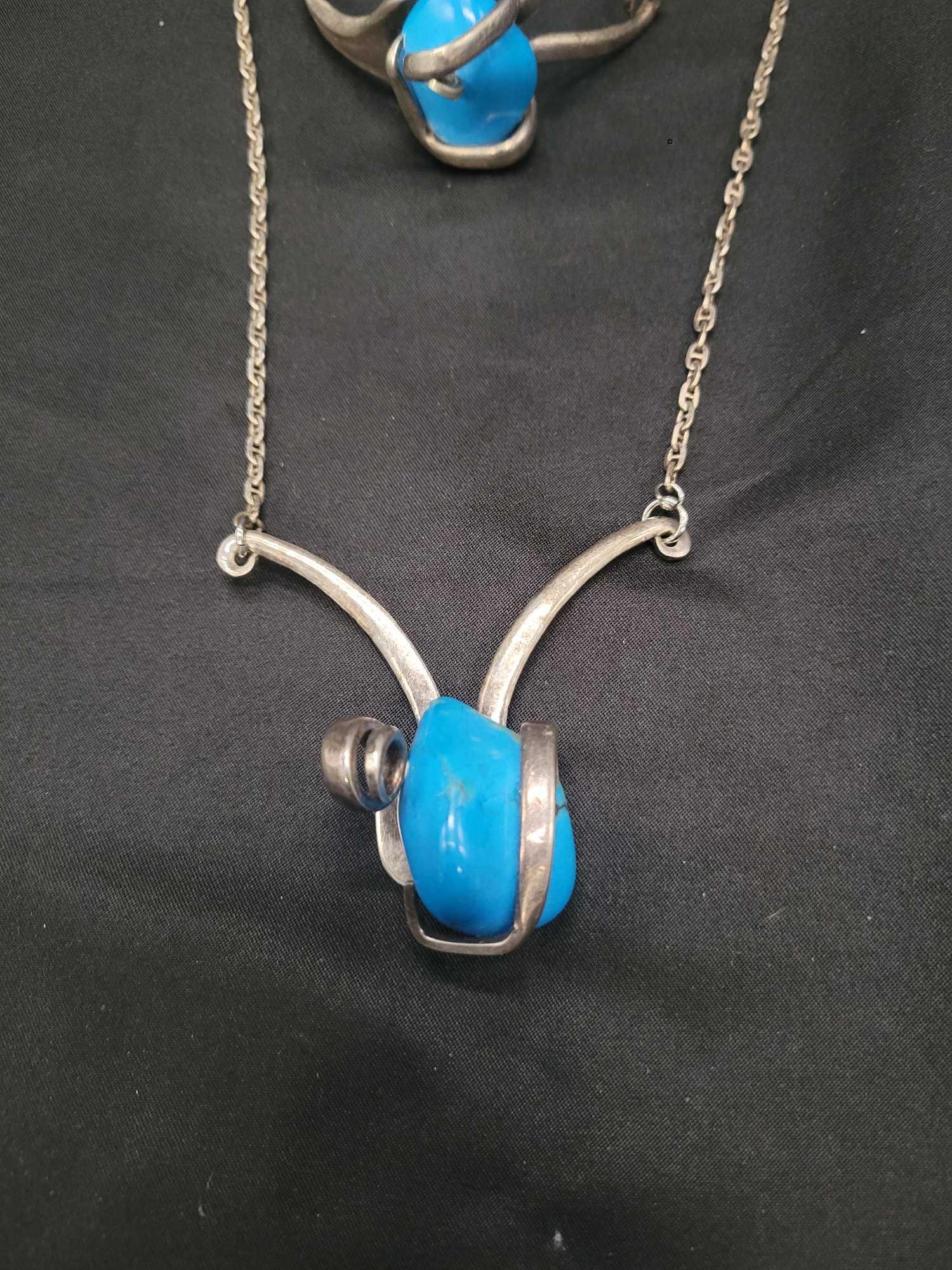 Hand made turquoise fork art necklace and matching cuff bracelet