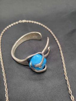 Hand made turquoise fork art necklace and matching cuff bracelet