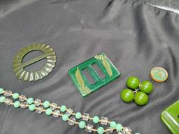 Vintage bakelite buckles, beaded necklaces