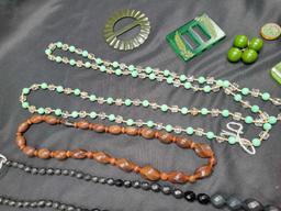 Vintage bakelite buckles, beaded necklaces