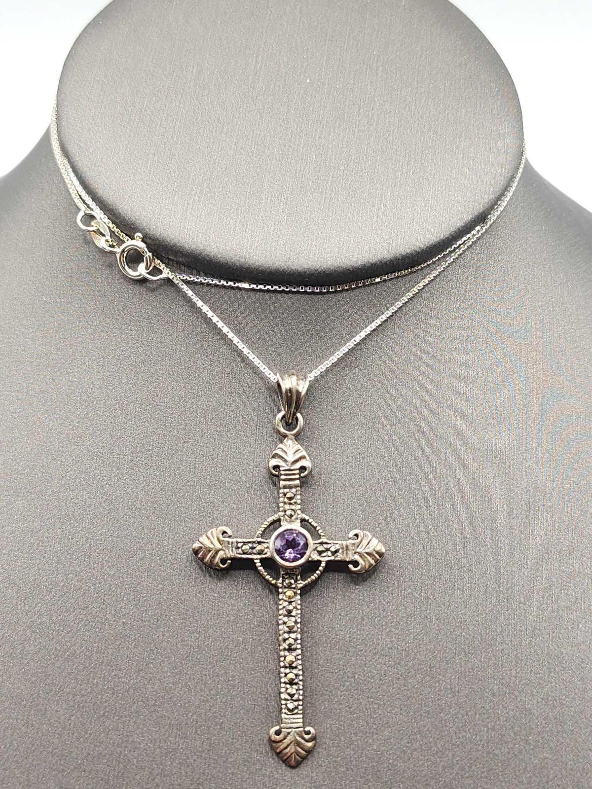 Sterling silver marcasite cross necklace
