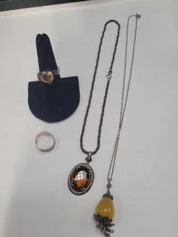 Vintage sterling rings, pendant and necklace