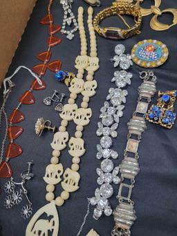 Miriam Haskell and antique brooches, carved jewelry, rhinestones, earrings and GF chain