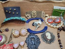 Miriam Haskell and antique brooches, carved jewelry, rhinestones, earrings and GF chain