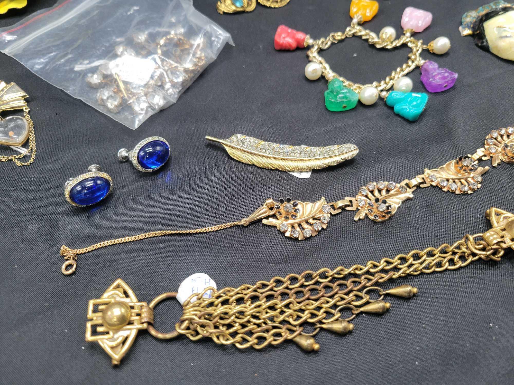 Vintage costume jewelry, rhinestones, Buddha bracelet, Miriam Haskell necklace needs repairs