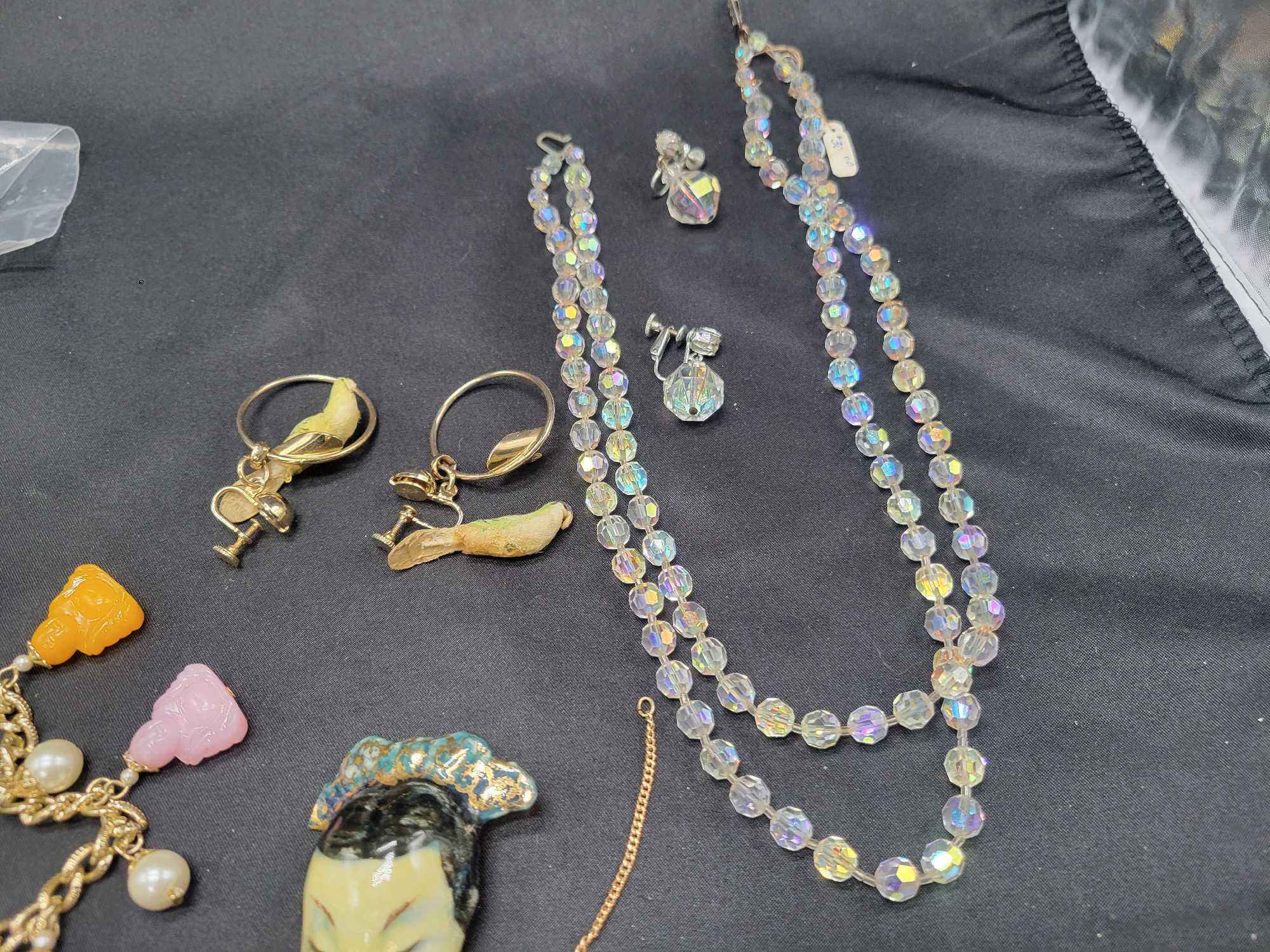 Vintage costume jewelry, rhinestones, Buddha bracelet, Miriam Haskell necklace needs repairs