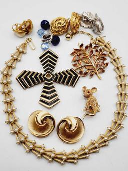 Lot of vintage Trifari jewelry, earrings, pins, necklace