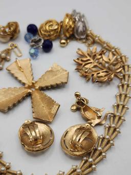 Lot of vintage Trifari jewelry, earrings, pins, necklace