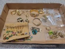 Box lot of art glass earrings, costume jewelry and Elgin 10k gf watch