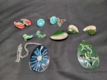 Lot of vintage enameled costume jewelry, pendants, earrings and cuff links