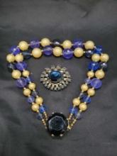 Vintage Jeanne rhinestone brooch and large plastic bead necklace