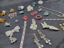 Weiss 3 pc earring brooch set, assorted vintage rhinestone jewelry, some weiss, bracelets