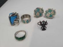 Turquoise silver and unmarked jewelry, earrings and rings